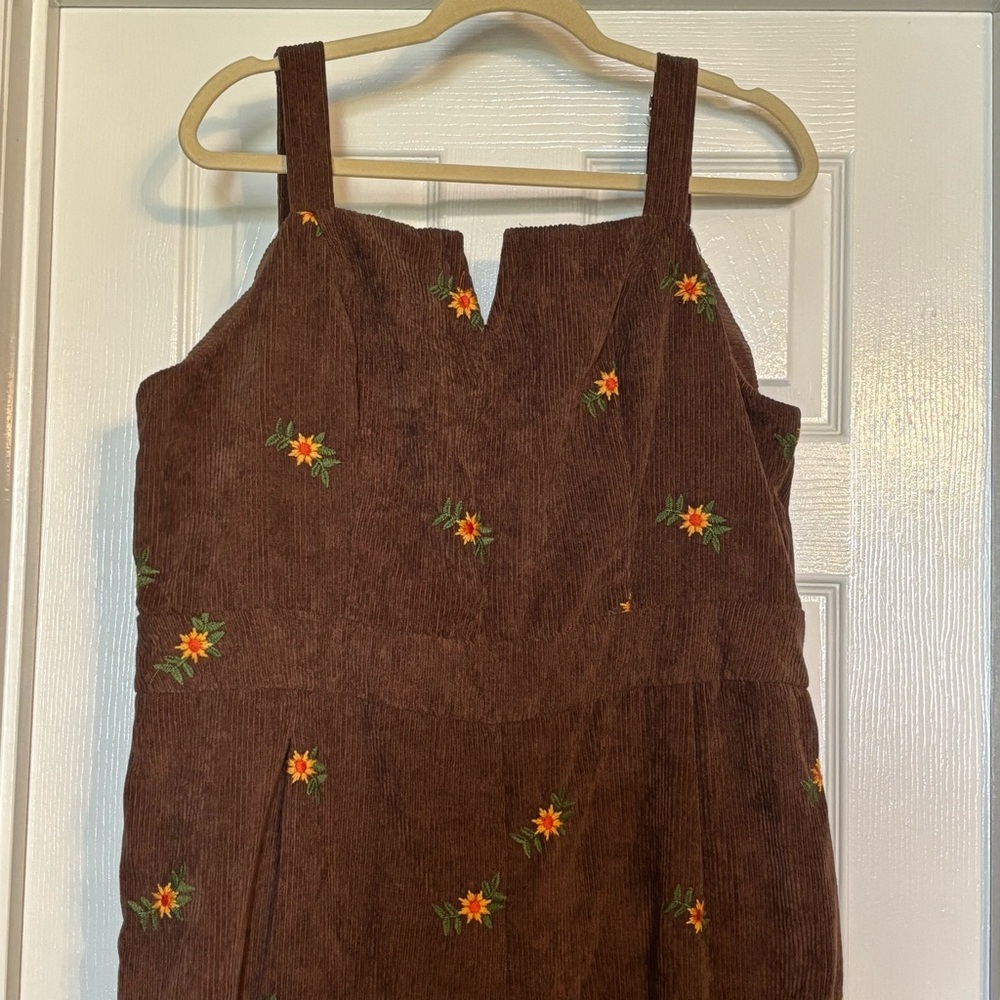 Cider Brown Corduroy Overalls with Orange Floral Embroidery